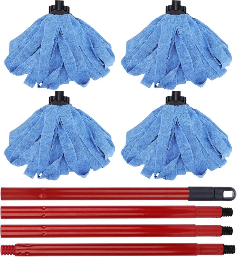 BeiLan Microfiber Mop Cloth Heads Replacements: One Mop Handle with Four Blue Microfiber Cloth Mop Heads Compatible with All Standard US Threading Pole Mop Handle - Image 1